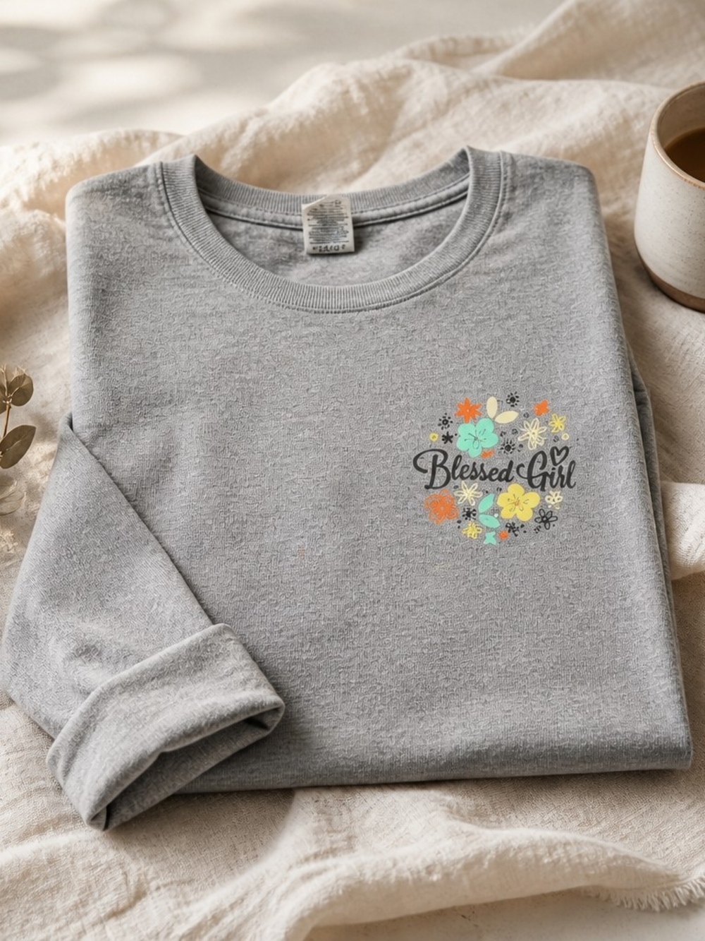 Blessed Girl Floral Graphic T-Shirt - Light Gray
